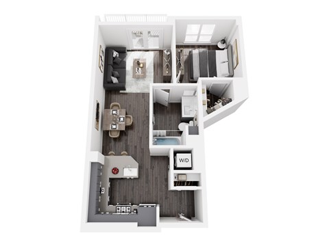 A top down view of a small apartment with a kitchen, living room, and bedroom.